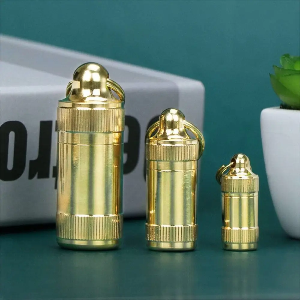 Brass Pill Case Mini Brass Medicine Bottle Tablet Container Pill Storage Box Keychain Holder Waterproof Portable Medicine Bottle