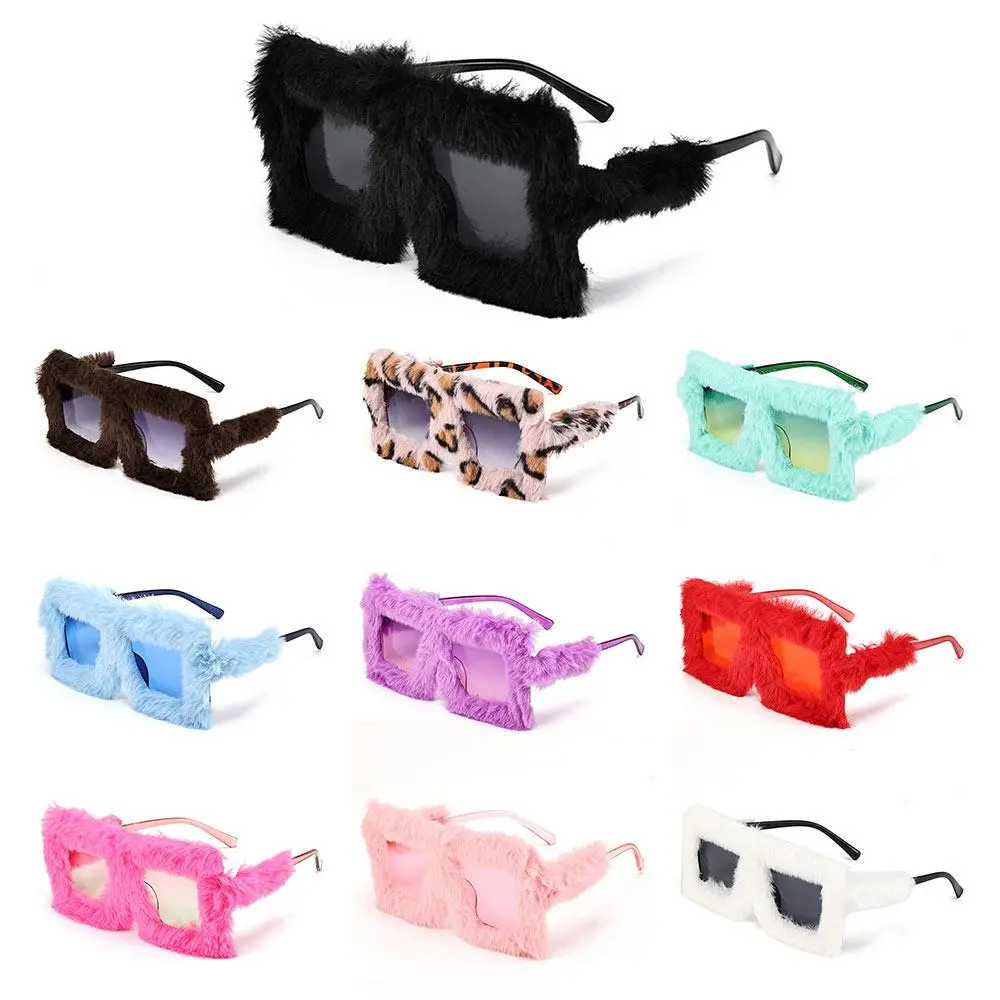 Oversized Plush Sunglasses Winter Shades for Women Soft Fluffy Square Frame Sun Glasses Novelty Style Halloween Cosplay Glasses