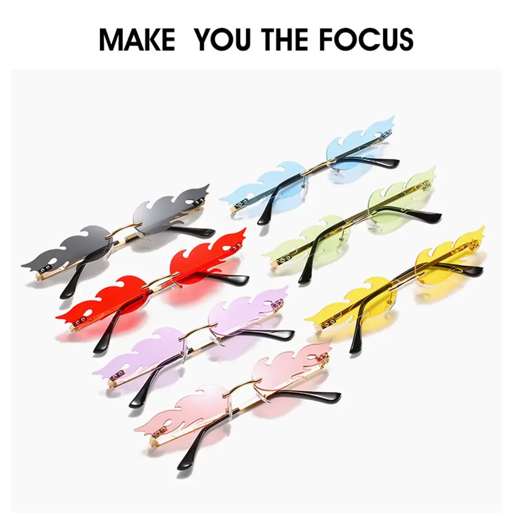 Fashion Women Fire Flame Style Sunglasses Trendy Rimless Sunglasses Novelty Metal Frame UV400 Sun Glasses Party Cosplay Eyewear