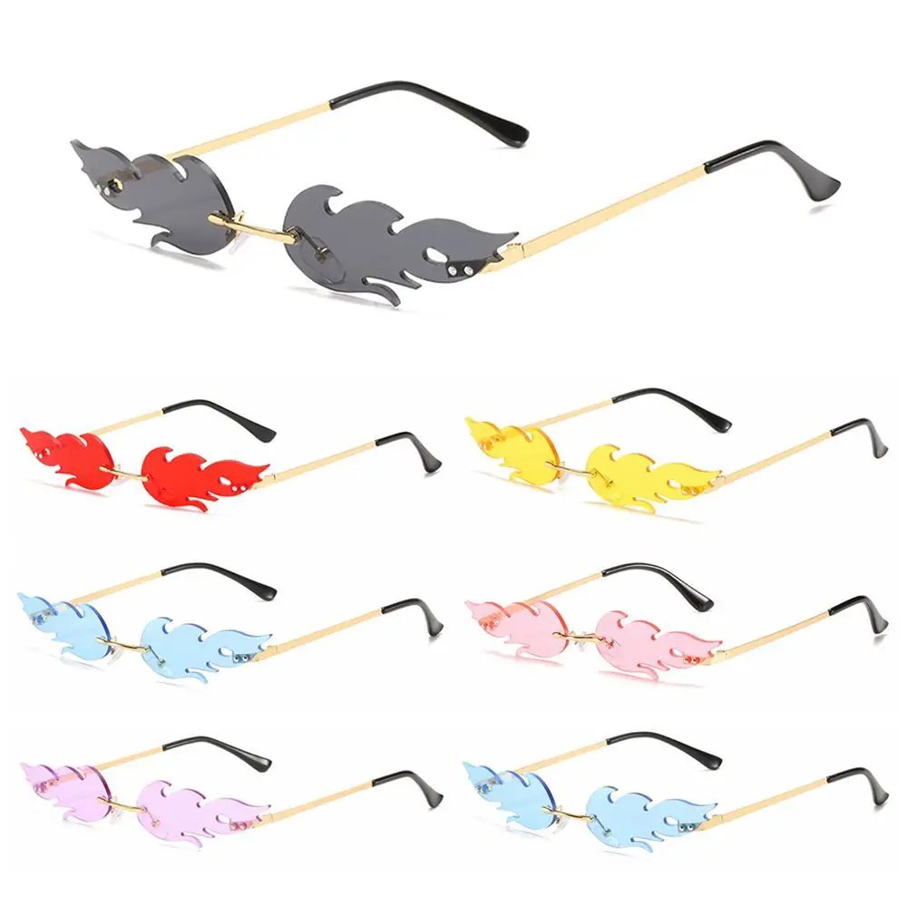 Fashion Women Fire Flame Style Sunglasses Trendy Rimless Sunglasses Novelty Metal Frame UV400 Sun Glasses Party Cosplay Eyewear