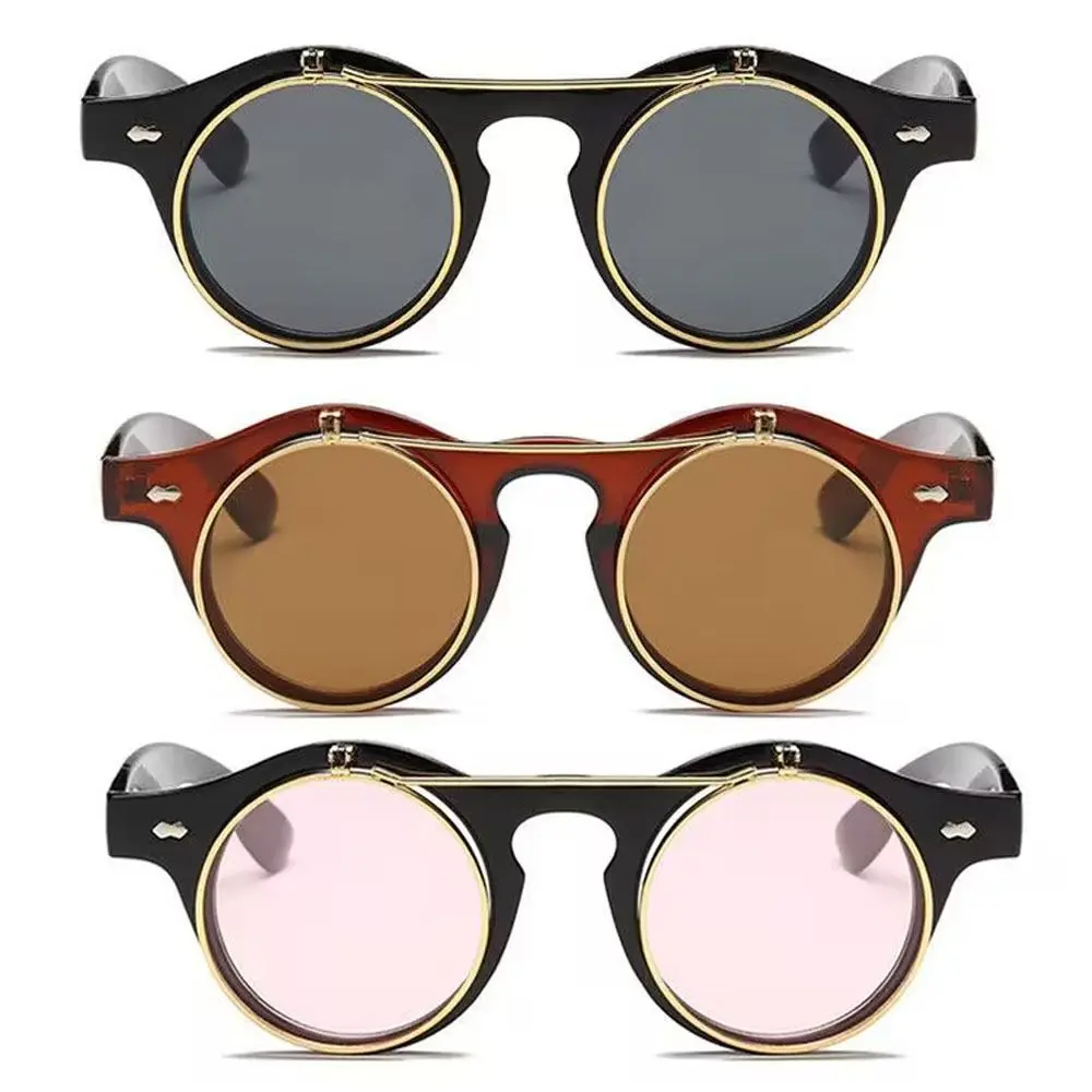 Unisex Retro Round Frame Flip Cover Sunglasses Double Layer Eyewear Outdoor Sunglasses Sun-Protective Punk Black Shades Glasses