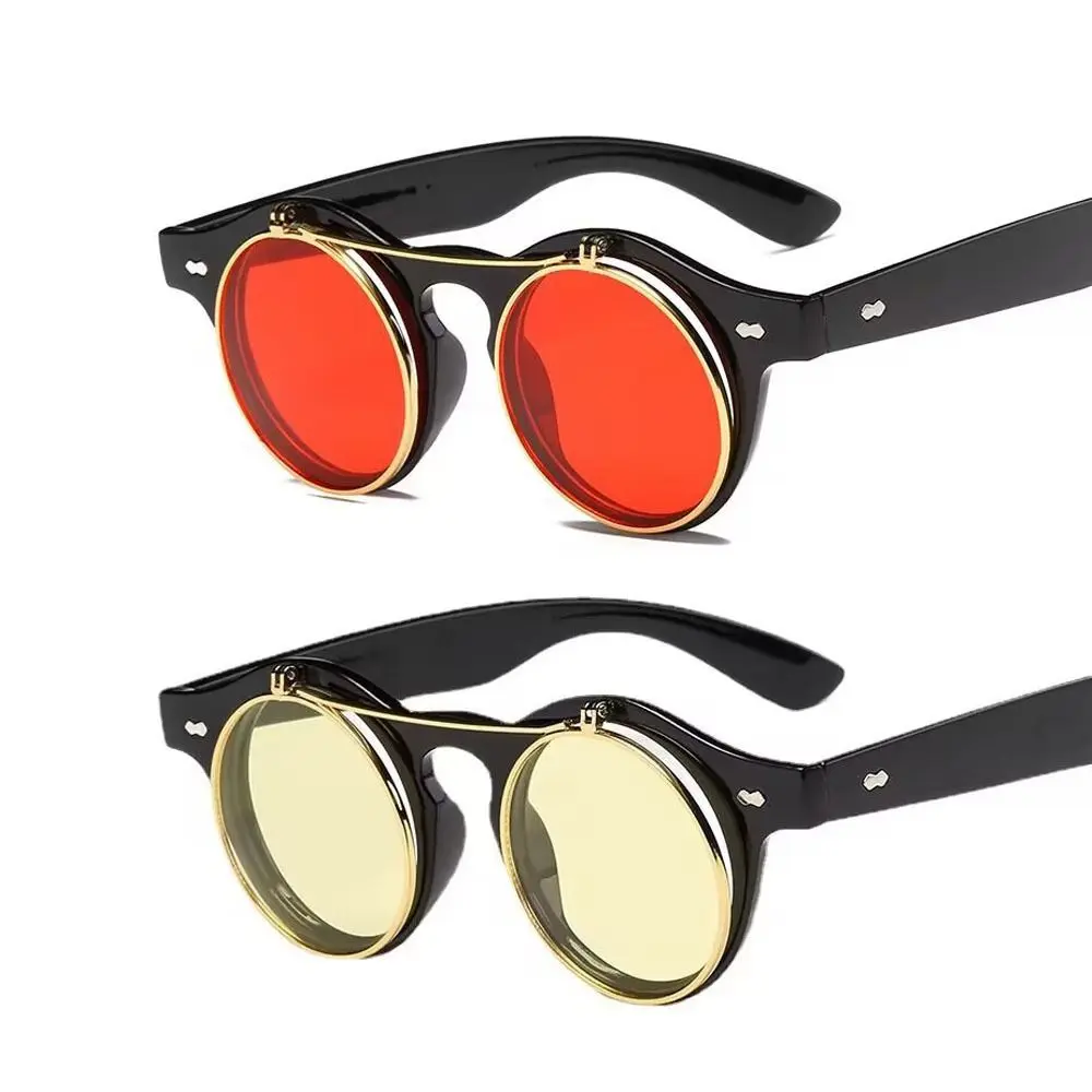 Unisex Retro Round Frame Flip Cover Sunglasses Double Layer Eyewear Outdoor Sunglasses Sun-Protective Punk Black Shades Glasses