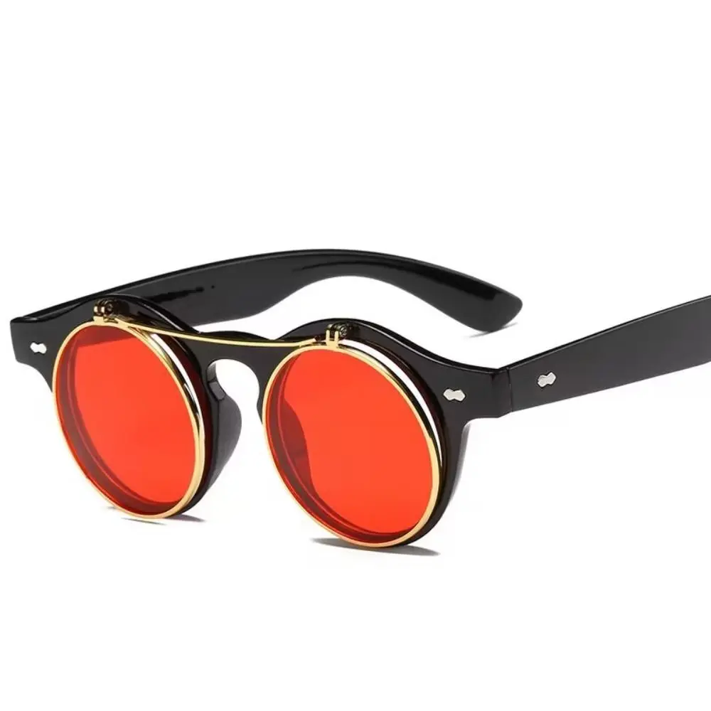 Unisex Retro Round Frame Flip Cover Sunglasses Double Layer Eyewear Outdoor Sunglasses Sun-Protective Punk Black Shades Glasses