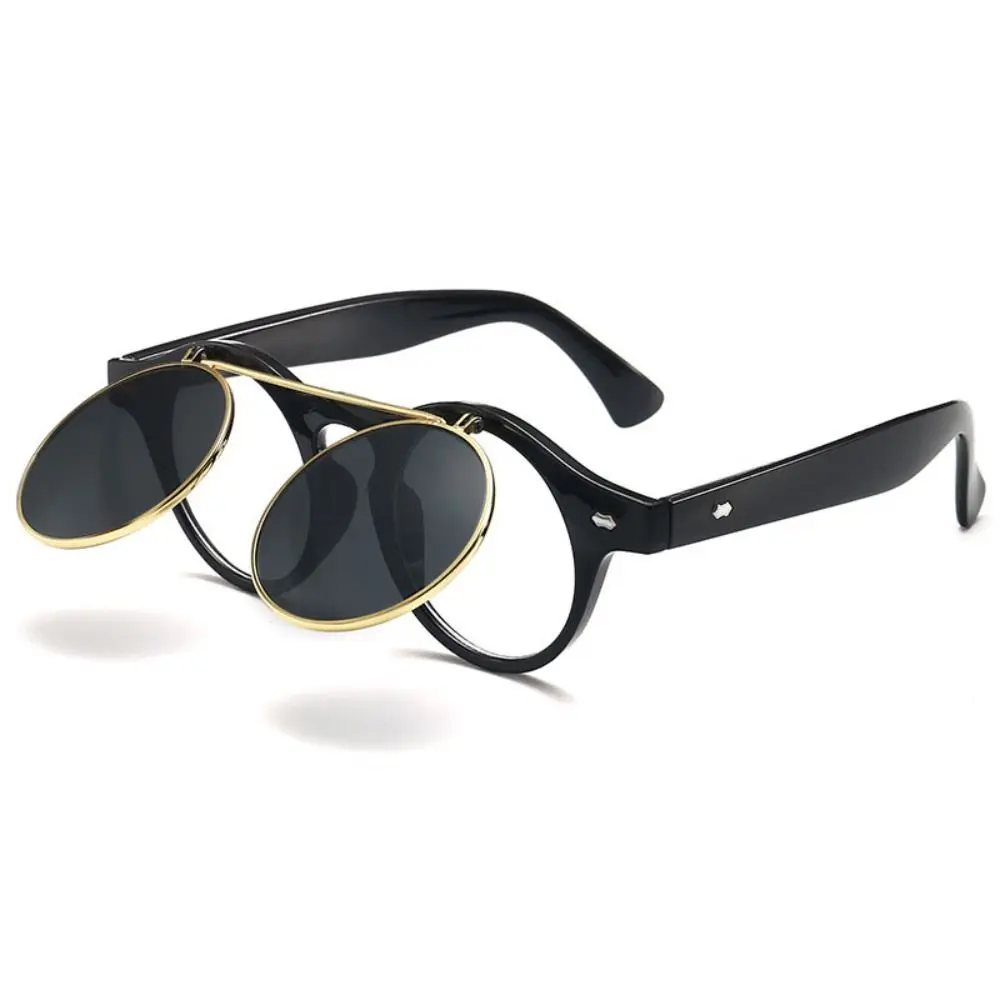 Unisex Retro Round Frame Flip Cover Sunglasses Double Layer Eyewear Outdoor Sunglasses Sun-Protective Punk Black Shades Glasses