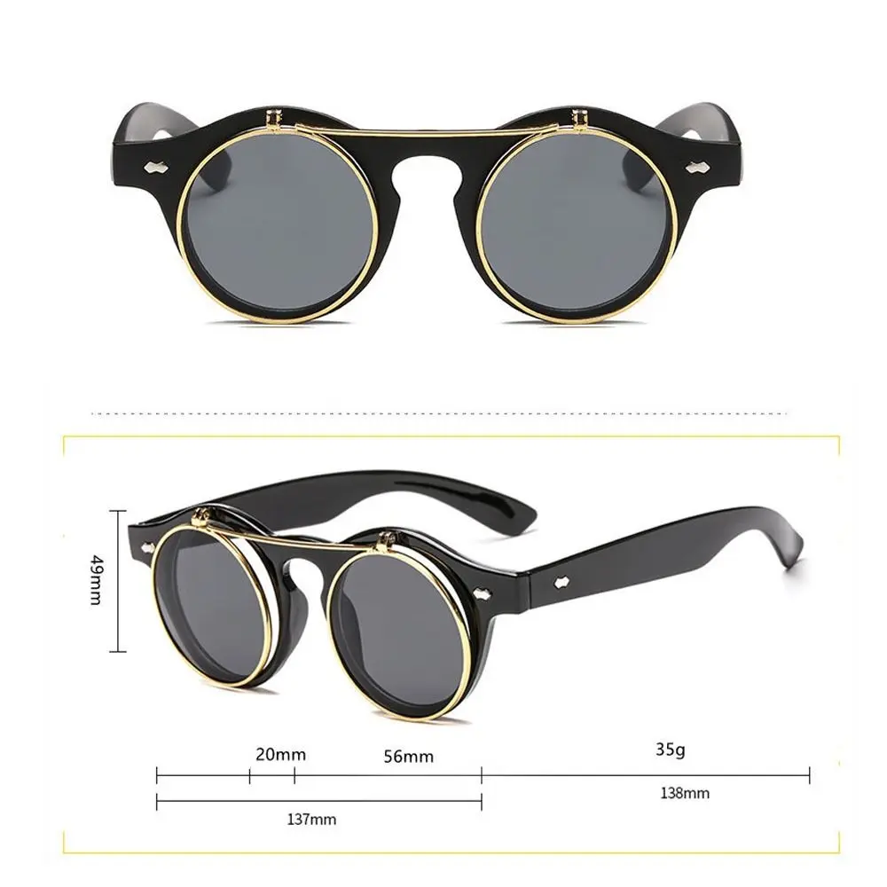 Unisex Retro Round Frame Flip Cover Sunglasses Double Layer Eyewear Outdoor Sunglasses Sun-Protective Punk Black Shades Glasses