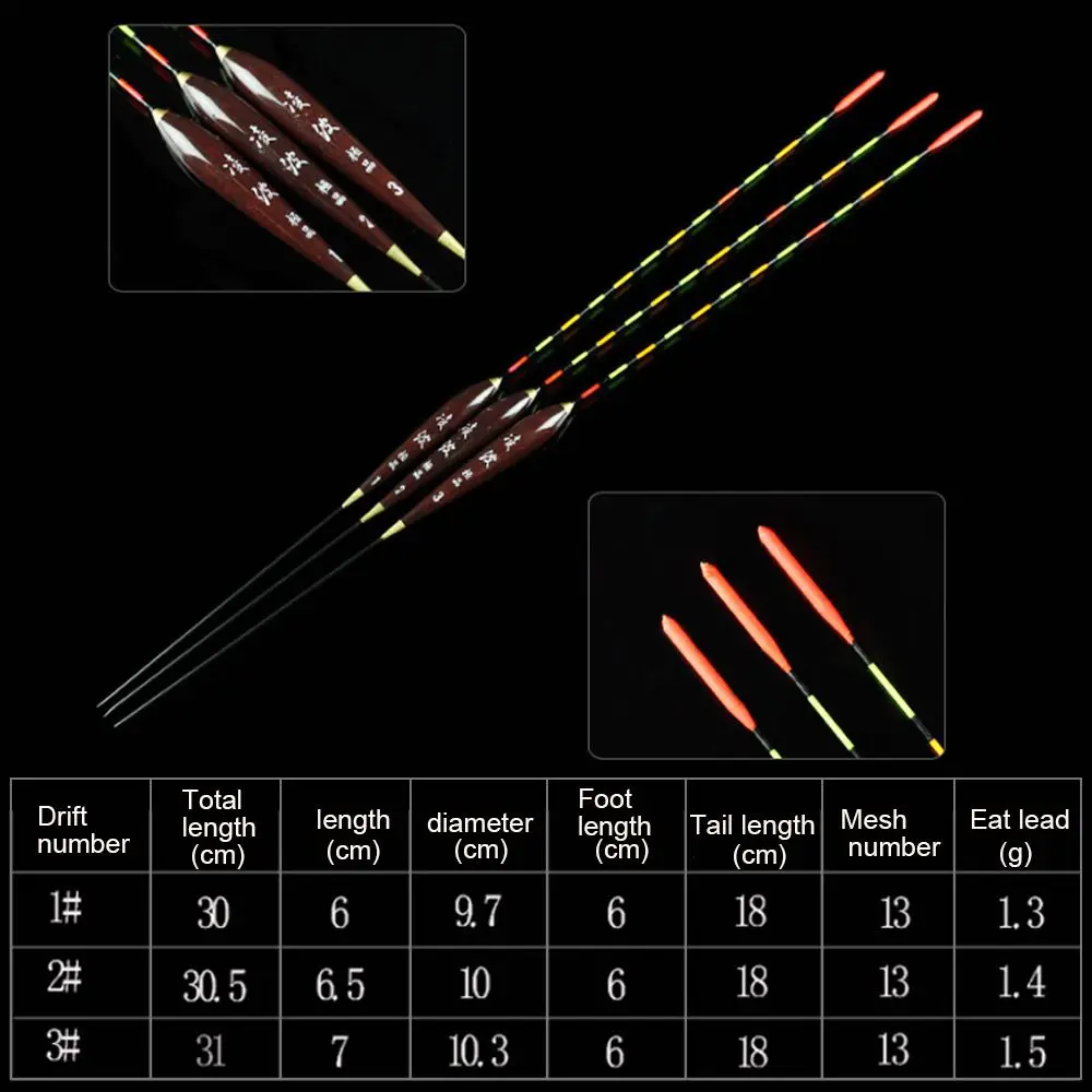3Pcs Fishing Float Wood Fluorescent High Sensitivity Bobber Luminous Float Marked Bold Fishing Light Float Fishing Accessories
