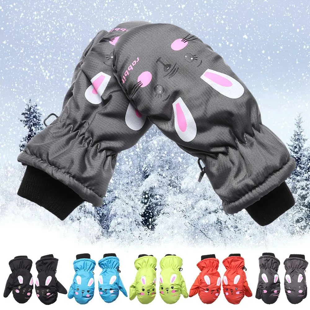 1 Pair Winter Ski Gloves Cartoon Rabbit Warm Non-slip Waterproof Windproof Mitten For Children Boys Girls Outdoor Sports Gloves