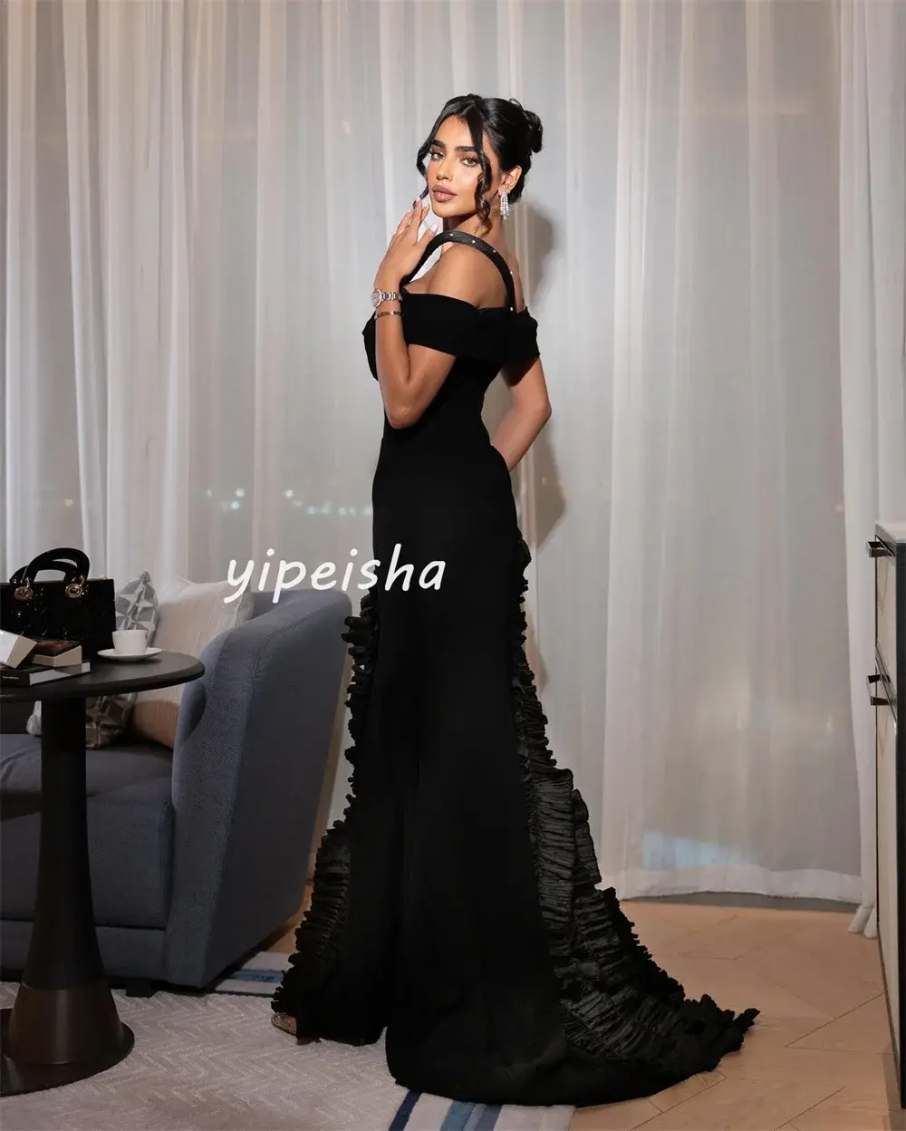 Customized Fashion High Quality Jersey Pleat Sequined Ruched Mermaid Off-the-shoulder Long Dresses Cocktail Dresses Pastrol
