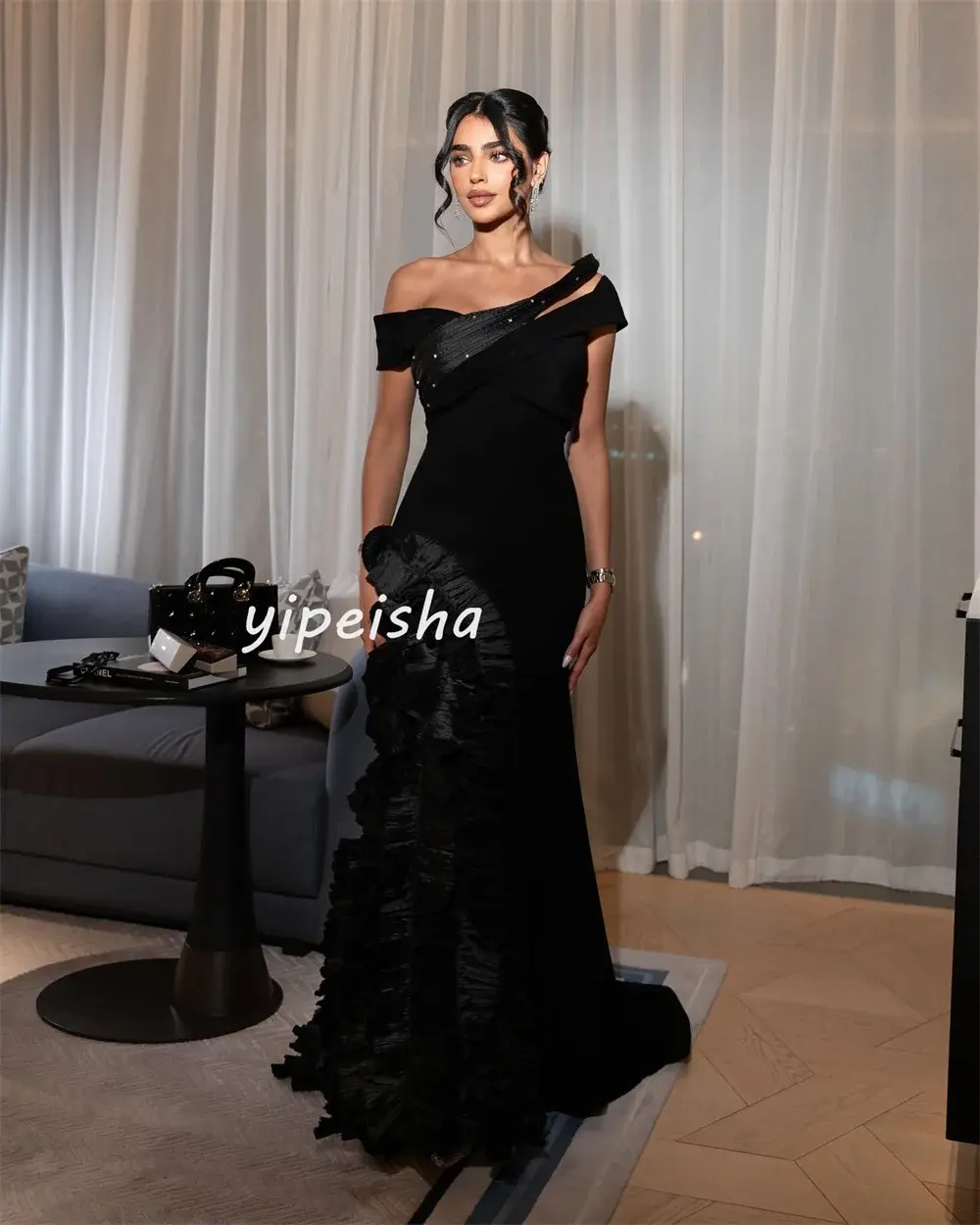 Customized Fashion High Quality Jersey Pleat Sequined Ruched Mermaid Off-the-shoulder Long Dresses Cocktail Dresses Pastrol