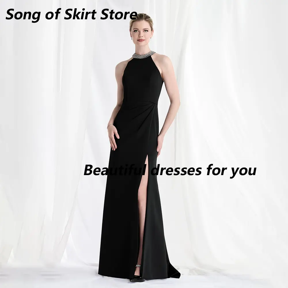 Modern Evening Dress Crystal High Collar A Line Floor Length Women's Prom Gowns Thigh Slit Elegant Formal Party Gown Customized
