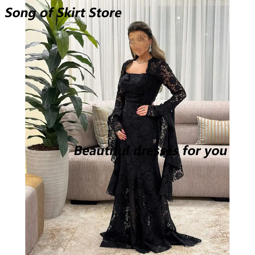 Black  Lace Evening Dresses for Women Square Neck Long Sleeves Floor Length Mermaid Prom Gown Evening Party Dress Customized