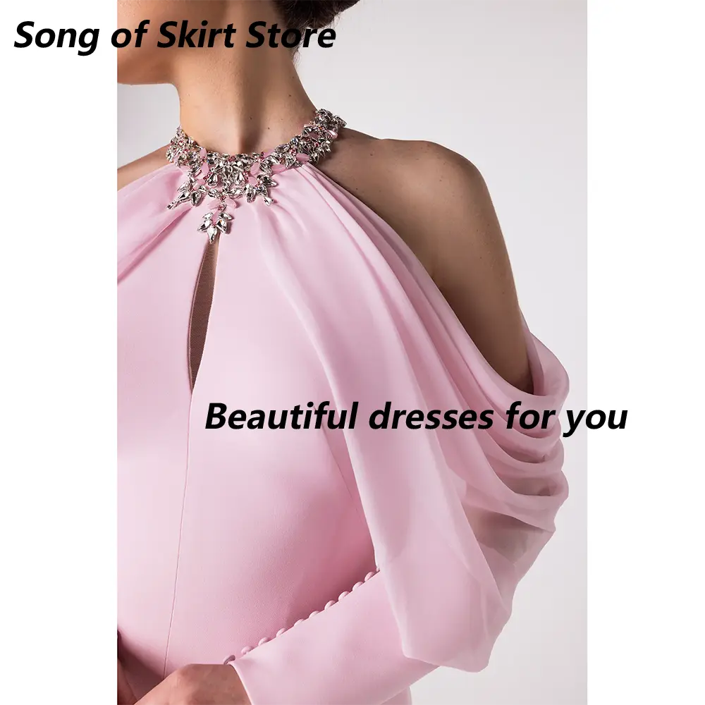Pink Evening Dress Customized Elegant Crystal High Neck Long Sleeves Prom Dresses Mermaid Arabic Wedding Party Gowns 2025