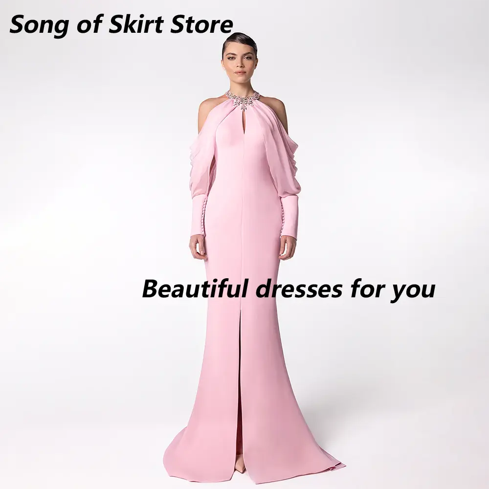 Pink Evening Dress Customized Elegant Crystal High Neck Long Sleeves Prom Dresses Mermaid Arabic Wedding Party Gowns 2025