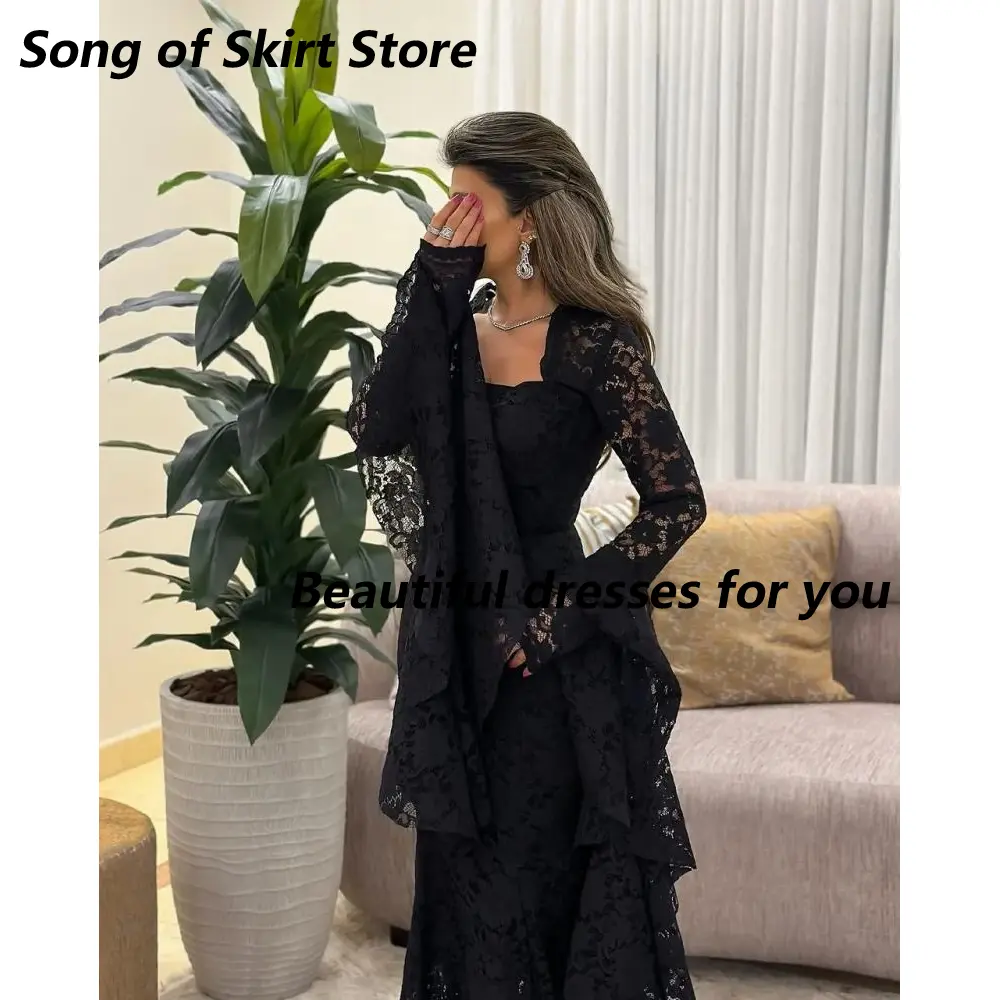 Black  Lace Evening Dresses for Women Square Neck Long Sleeves Floor Length Mermaid Prom Gown Evening Party Dress Customized
