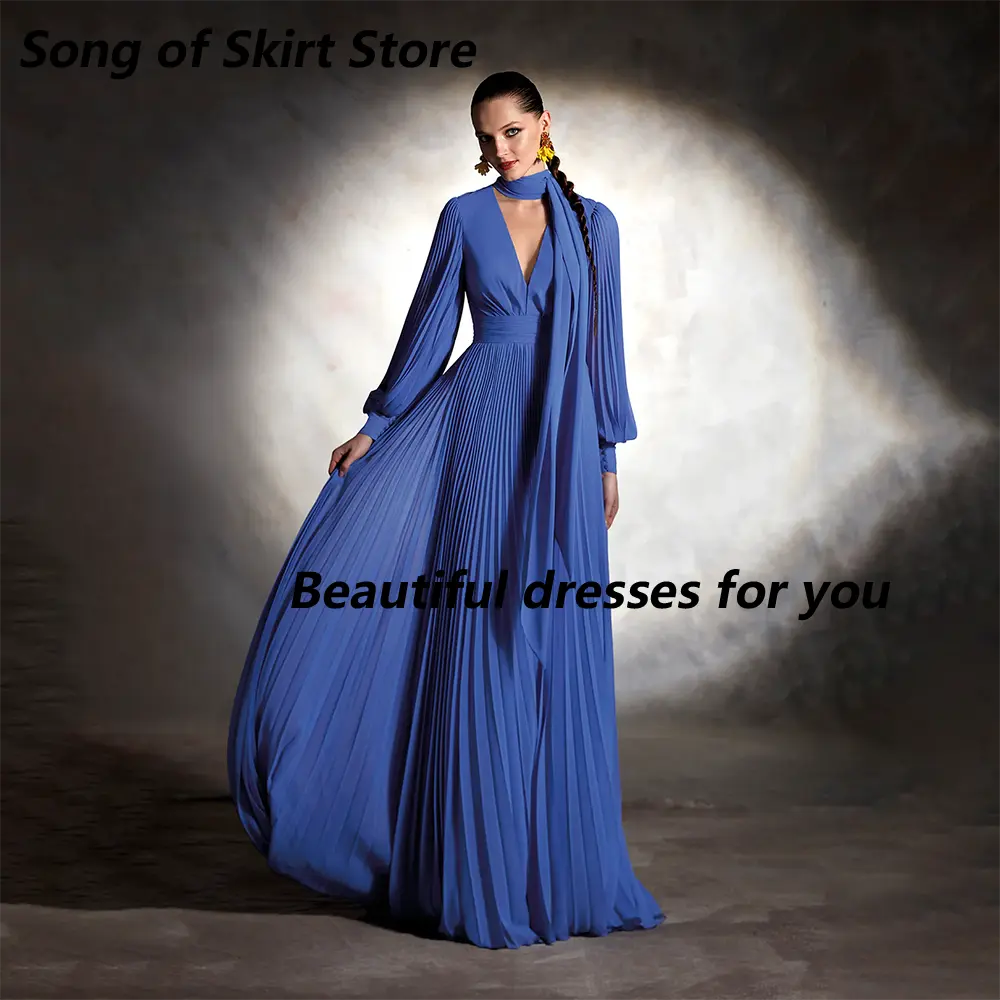 Elegant Evening Dress for Woman Customized Long Sleeves V-Neck Buttons Back Floor Length A Line Evening Gowns Prom Dresses