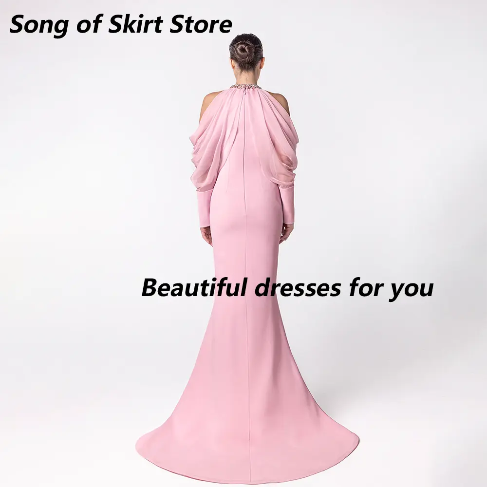 Pink Evening Dress Customized Elegant Crystal High Neck Long Sleeves Prom Dresses Mermaid Arabic Wedding Party Gowns 2025