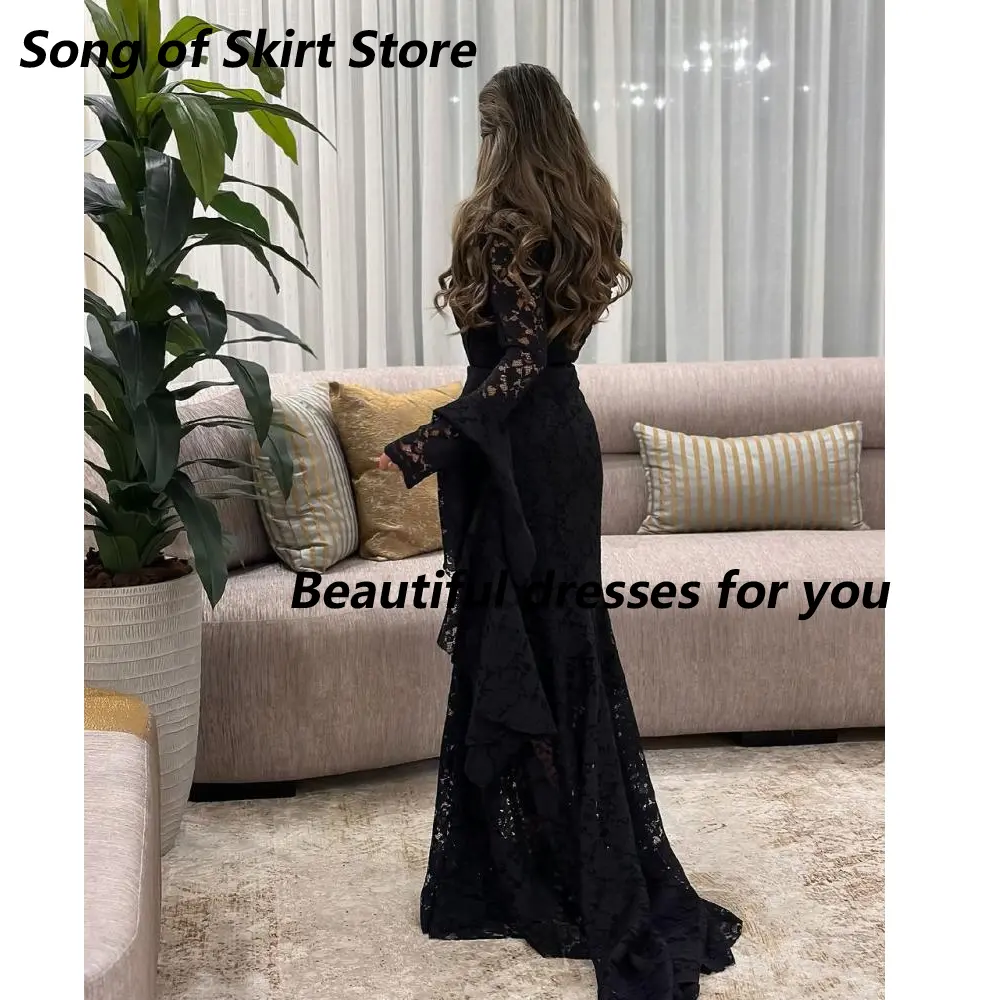 Black  Lace Evening Dresses for Women Square Neck Long Sleeves Floor Length Mermaid Prom Gown Evening Party Dress Customized