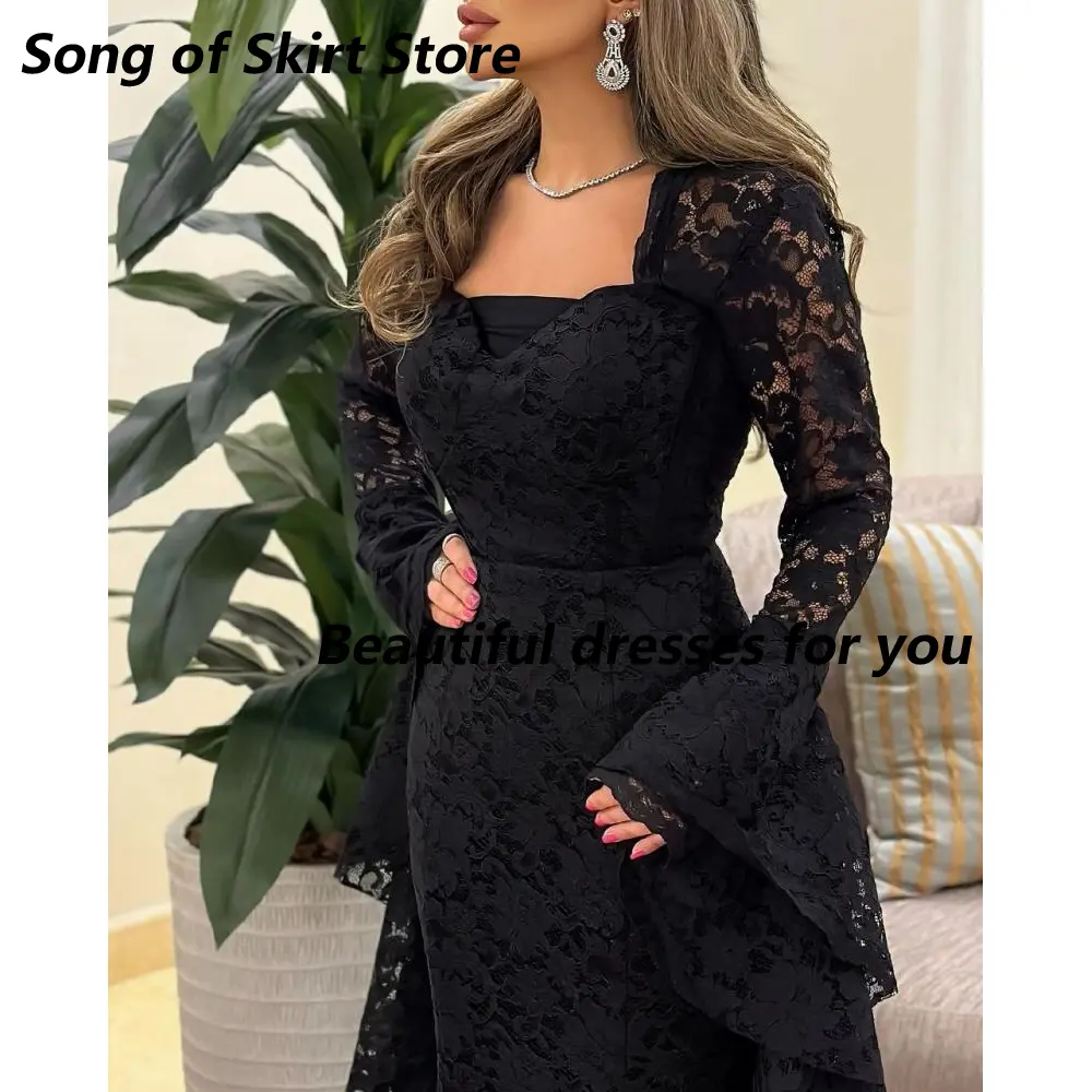 Black  Lace Evening Dresses for Women Square Neck Long Sleeves Floor Length Mermaid Prom Gown Evening Party Dress Customized