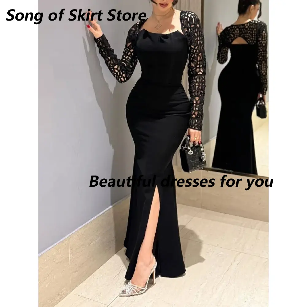 Elegant Black Evening Dresses for Women Long Sleeves Slit Floor Length Mermaid Prom Gown Evening Party Dress  Customized