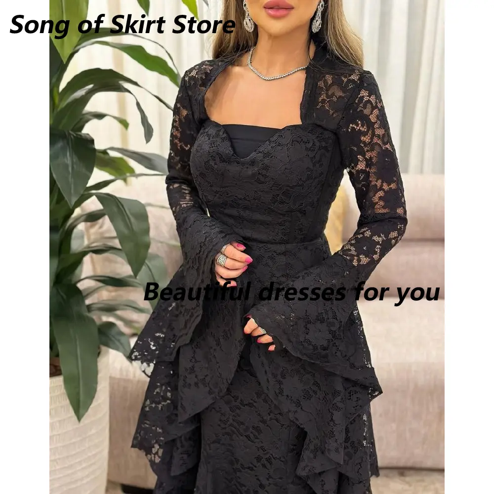 Black  Lace Evening Dresses for Women Square Neck Long Sleeves Floor Length Mermaid Prom Gown Evening Party Dress Customized