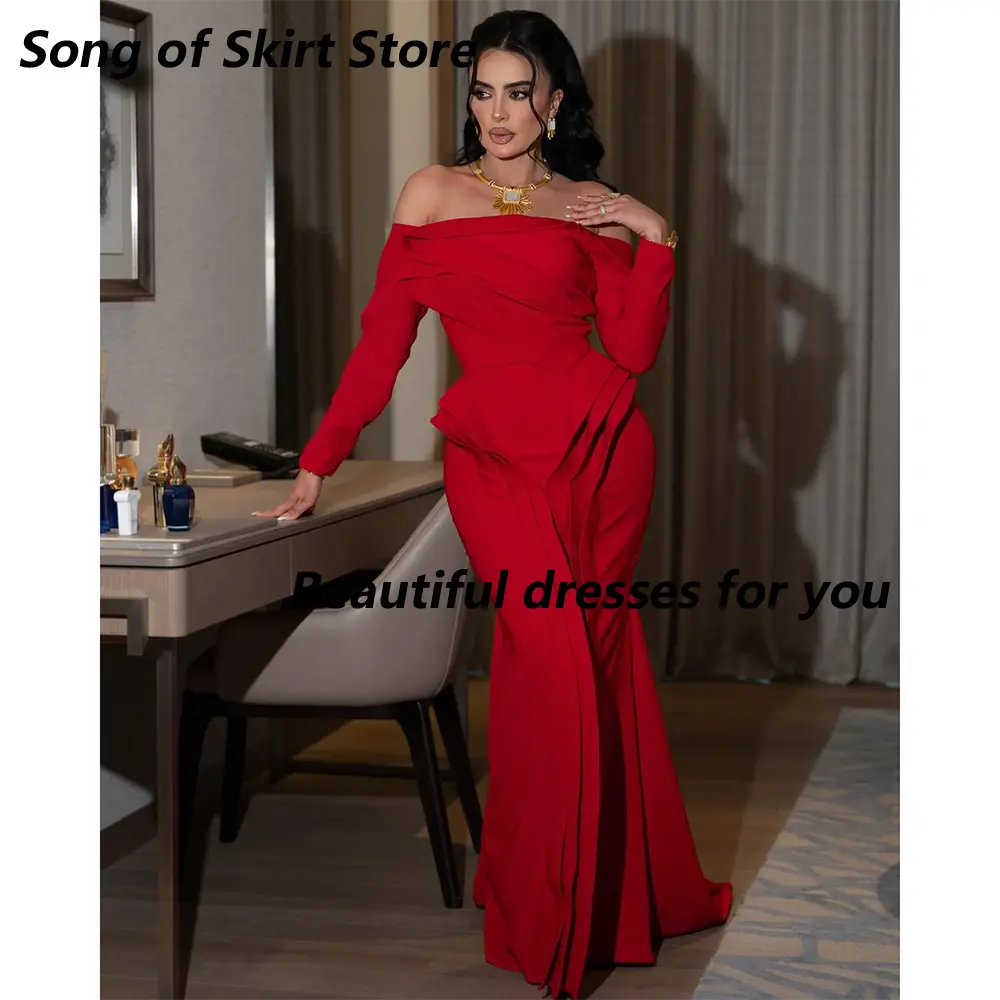 Sexy Red Evening Dress for Women Off Shoulder Long Sleeves Prom Gown Floor Length Mermaid Formal Party Dresses Customized