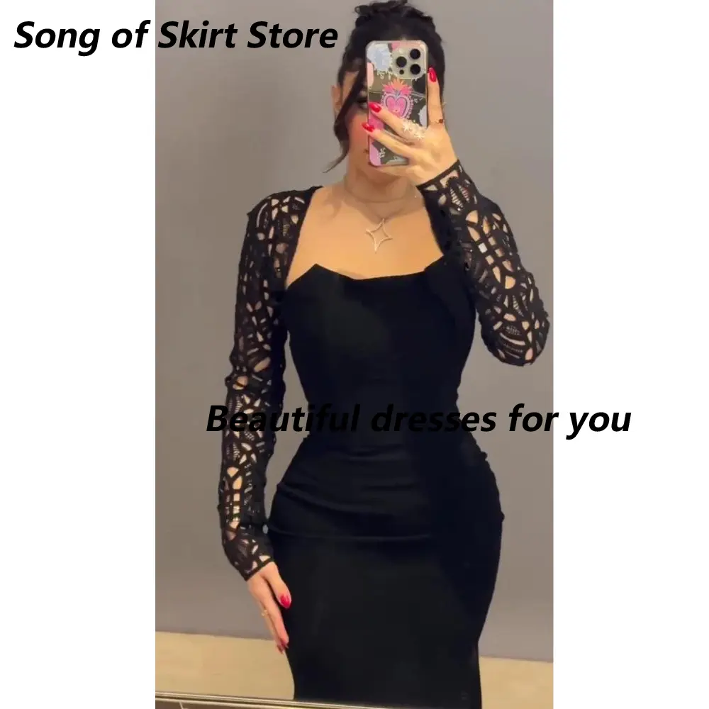 Elegant Black Evening Dresses for Women Long Sleeves Slit Floor Length Mermaid Prom Gown Evening Party Dress  Customized