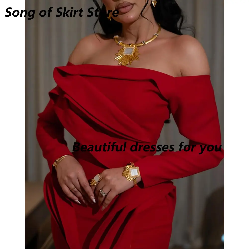 Sexy Red Evening Dress for Women Off Shoulder Long Sleeves Prom Gown Floor Length Mermaid Formal Party Dresses Customized
