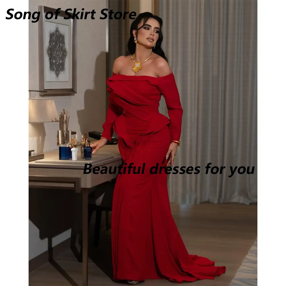 Sexy Red Evening Dress for Women Off Shoulder Long Sleeves Prom Gown Floor Length Mermaid Formal Party Dresses Customized