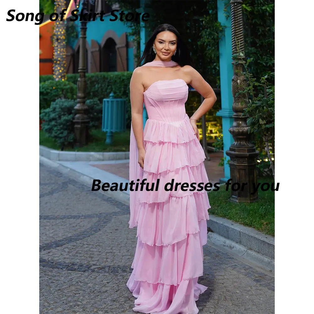Pink Prom Dress for Women Strapless Tiered Pleated A Line Evening Gowns Chiffon Sleeveless Modern Formal Party Dress Customized