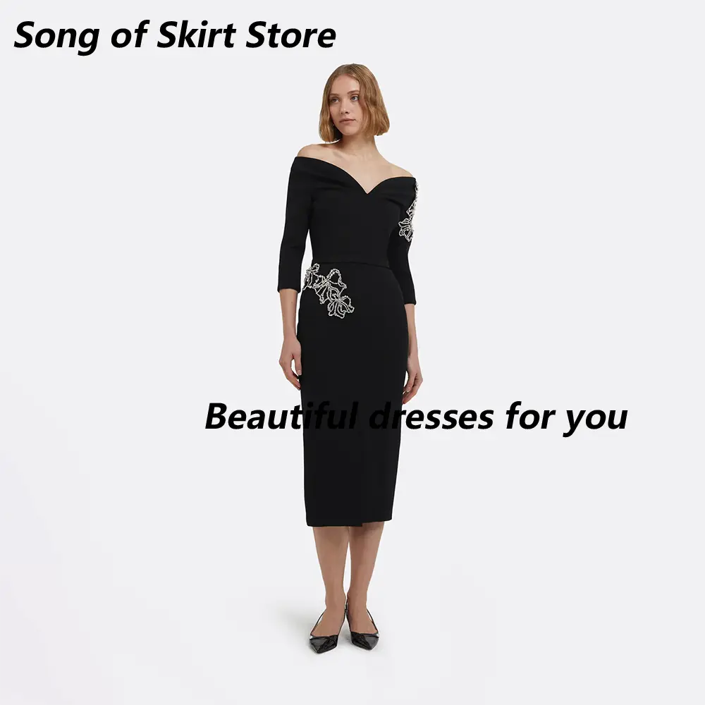 Black Midi Evening Dresses for Women Off The Shoulder Column Evening Gowns Beading Crystal Tea Length Prom Dress Customized