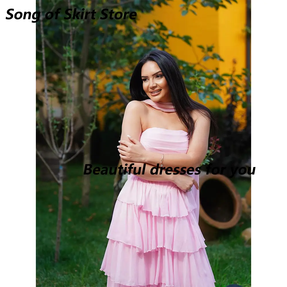 Pink Prom Dress for Women Strapless Tiered Pleated A Line Evening Gowns Chiffon Sleeveless Modern Formal Party Dress Customized