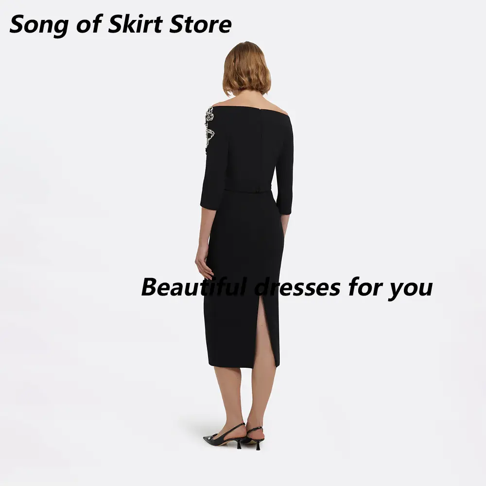 Black Midi Evening Dresses for Women Off The Shoulder Column Evening Gowns Beading Crystal Tea Length Prom Dress Customized