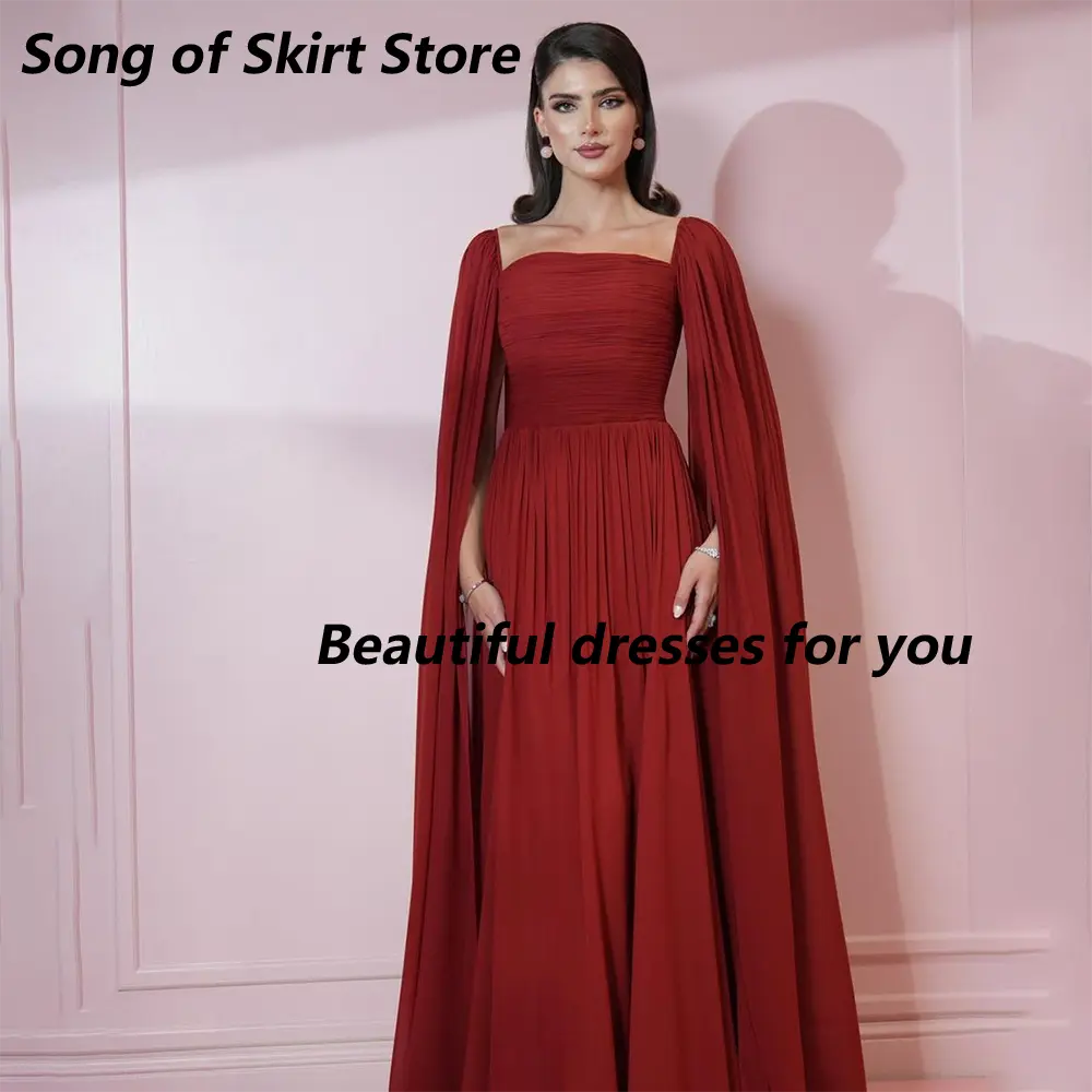 Red Evening Dress Customized Elegant Off Shoulder Party Gown Cape Sleeves Pleats Chiffon Floor Length A Line Prom Dress
