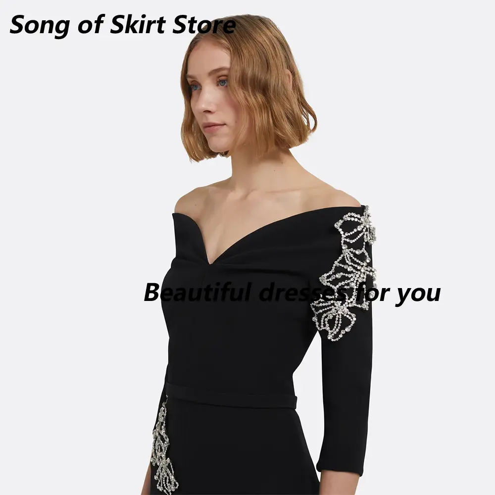 Black Midi Evening Dresses for Women Off The Shoulder Column Evening Gowns Beading Crystal Tea Length Prom Dress Customized