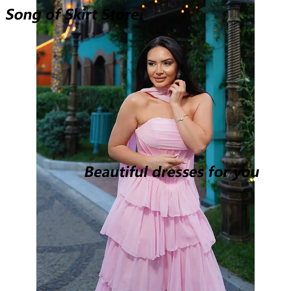 Pink Prom Dress for Women Strapless Tiered Pleated A Line Evening Gowns Chiffon Sleeveless Modern Formal Party Dress Customized