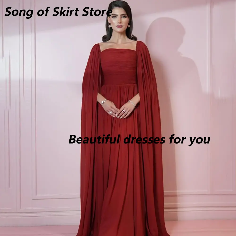 Red Evening Dress Customized Elegant Off Shoulder Party Gown Cape Sleeves Pleats Chiffon Floor Length A Line Prom Dress