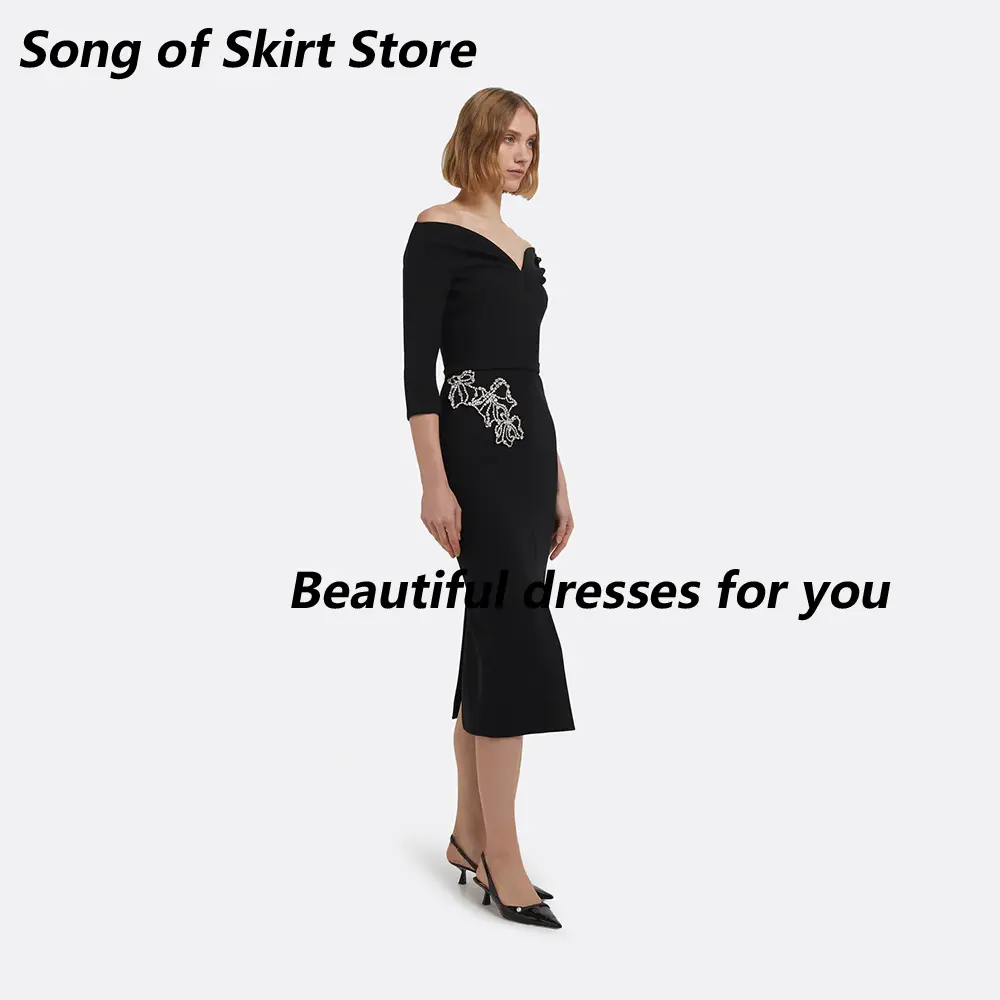 Black Midi Evening Dresses for Women Off The Shoulder Column Evening Gowns Beading Crystal Tea Length Prom Dress Customized