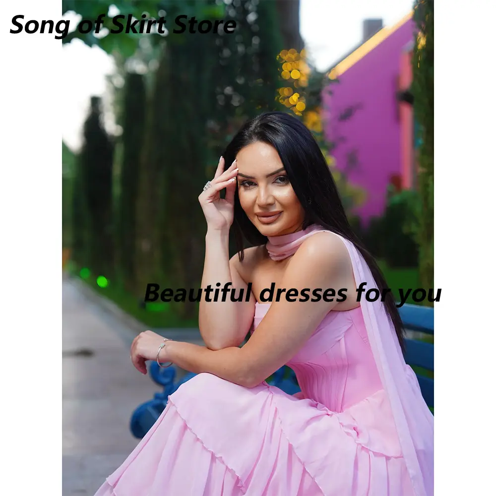 Pink Prom Dress for Women Strapless Tiered Pleated A Line Evening Gowns Chiffon Sleeveless Modern Formal Party Dress Customized