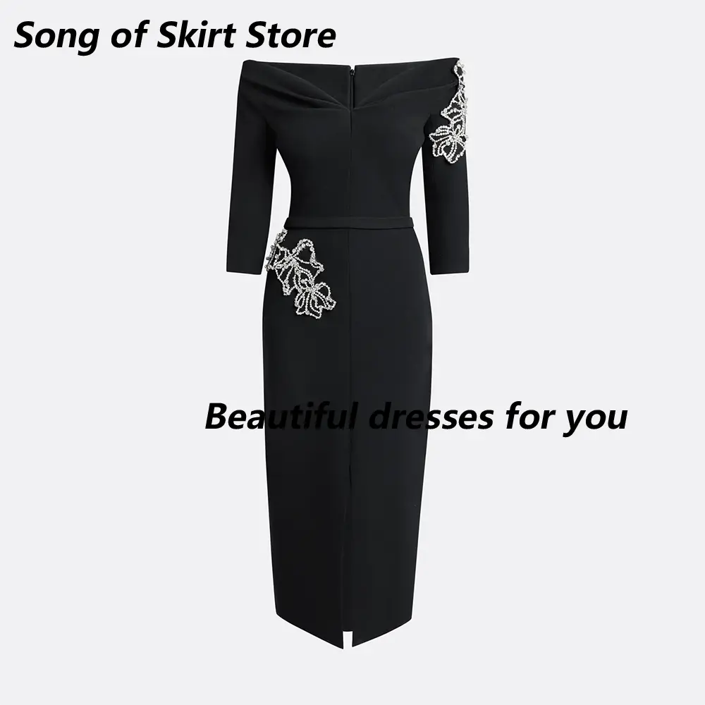 Black Midi Evening Dresses for Women Off The Shoulder Column Evening Gowns Beading Crystal Tea Length Prom Dress Customized