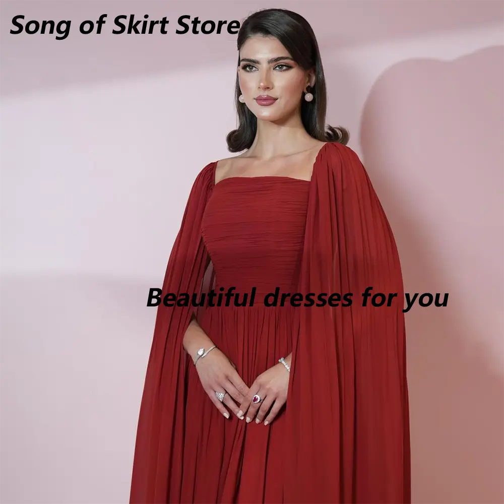 Red Evening Dress Customized Elegant Off Shoulder Party Gown Cape Sleeves Pleats Chiffon Floor Length A Line Prom Dress