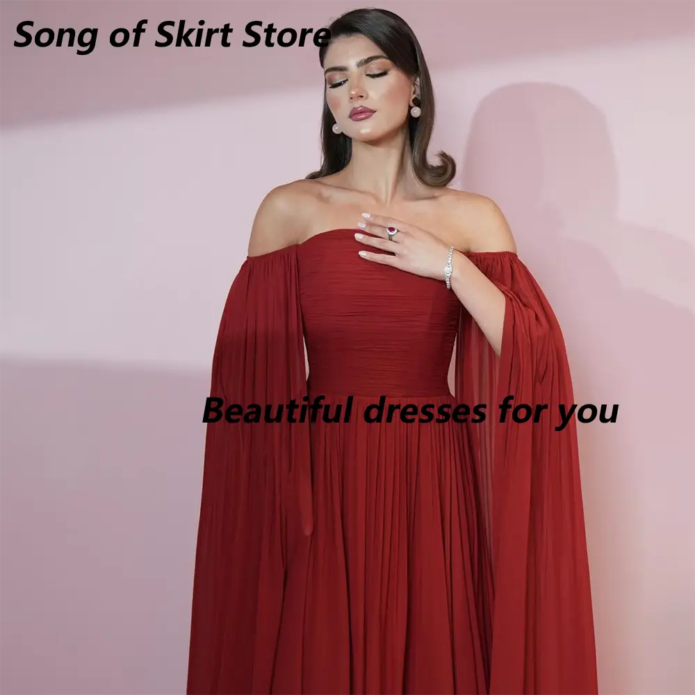 Red Evening Dress Customized Elegant Off Shoulder Party Gown Cape Sleeves Pleats Chiffon Floor Length A Line Prom Dress