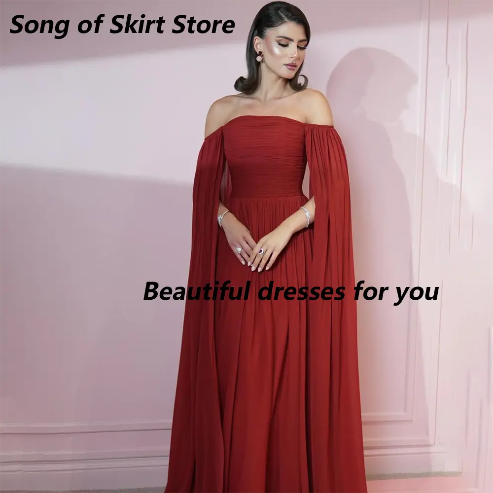Red Evening Dress Customized Elegant Off Shoulder Party Gown Cape Sleeves Pleats Chiffon Floor Length A Line Prom Dress