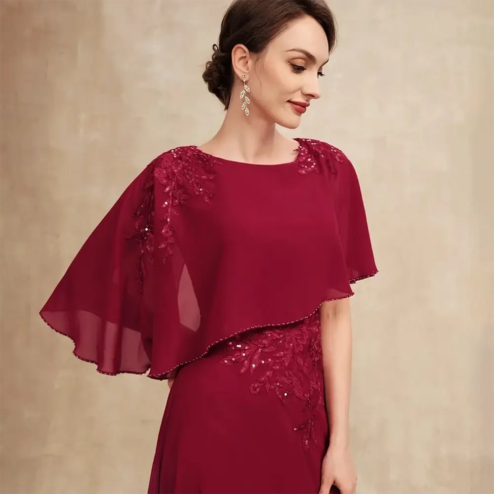 Burgundy Mother of The Bride Dress Customized Scoop Neck A-line Lace Applique A-line Floor-Length Chiffon Wedding Guest Gowns