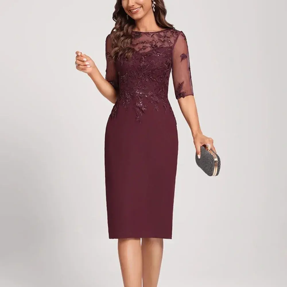Elegant Mother of The Bride Dresses Customized Scoop Neck Sheath Half Sleeve Lace Appliques Knee-Length Wedding Guest Dress 2025
