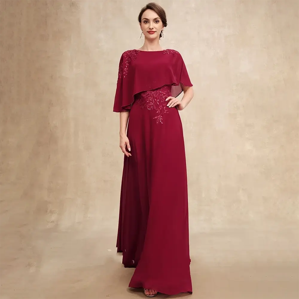 Burgundy Mother of The Bride Dress Customized Scoop Neck A-line Lace Applique A-line Floor-Length Chiffon Wedding Guest Gowns