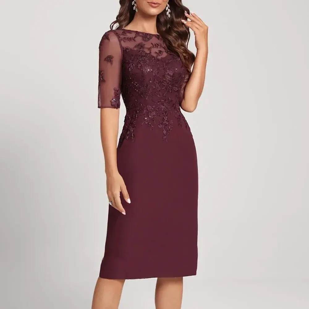 Elegant Mother of The Bride Dresses Customized Scoop Neck Sheath Half Sleeve Lace Appliques Knee-Length Wedding Guest Dress 2025