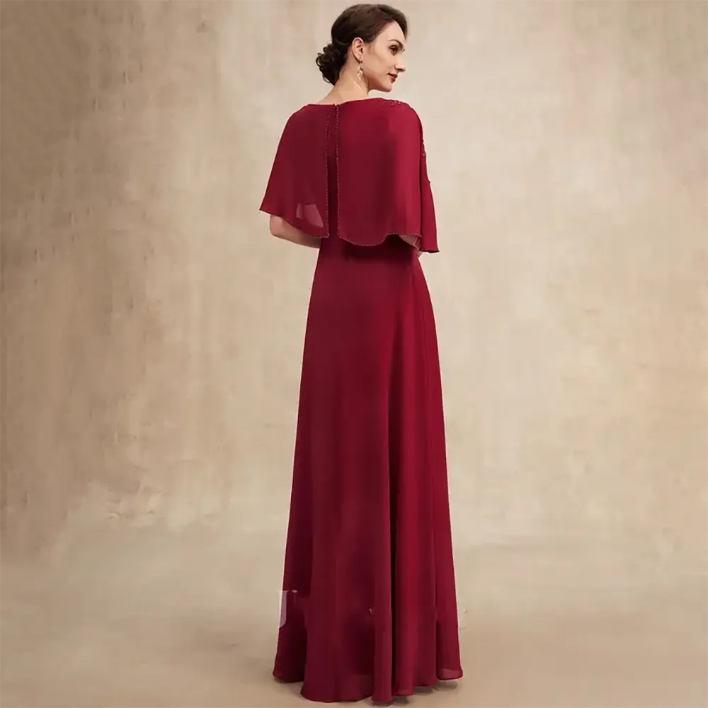 Burgundy Mother of The Bride Dress Customized Scoop Neck A-line Lace Applique A-line Floor-Length Chiffon Wedding Guest Gowns