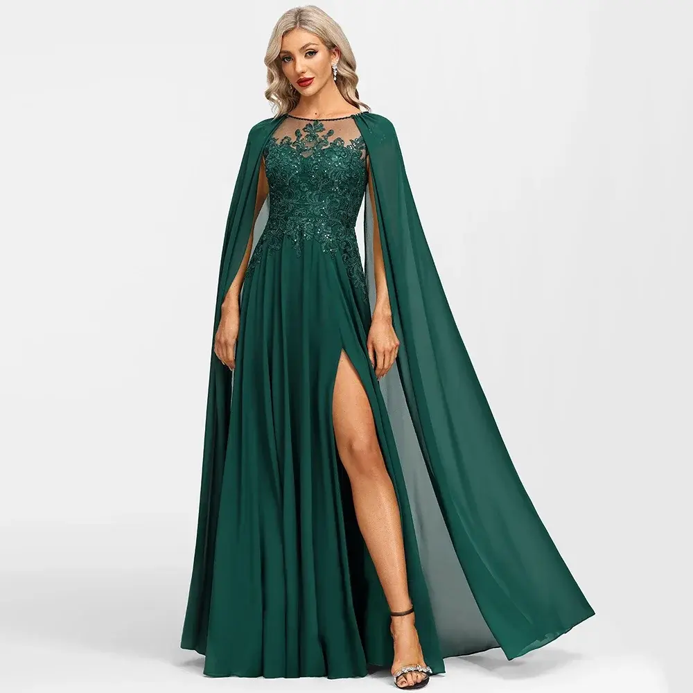 Customized O-Neck A-Line Emerald Mother of the Bride Dresses Side Slit  Lace Appliques Sequined Chiffon Wedding Guest Prom Gowns