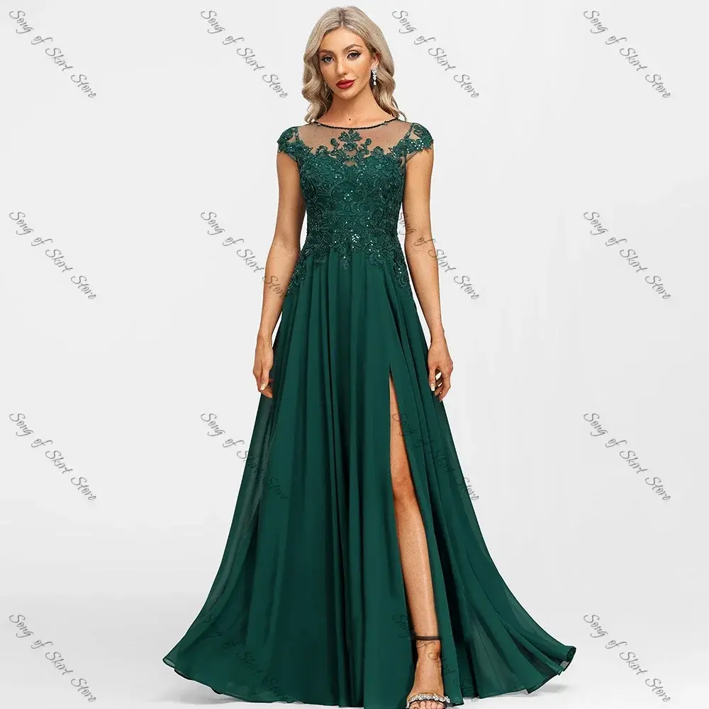 Customized O-Neck A-Line Emerald Mother of the Bride Dresses Side Slit  Lace Appliques Sequined Chiffon Wedding Guest Prom Gowns