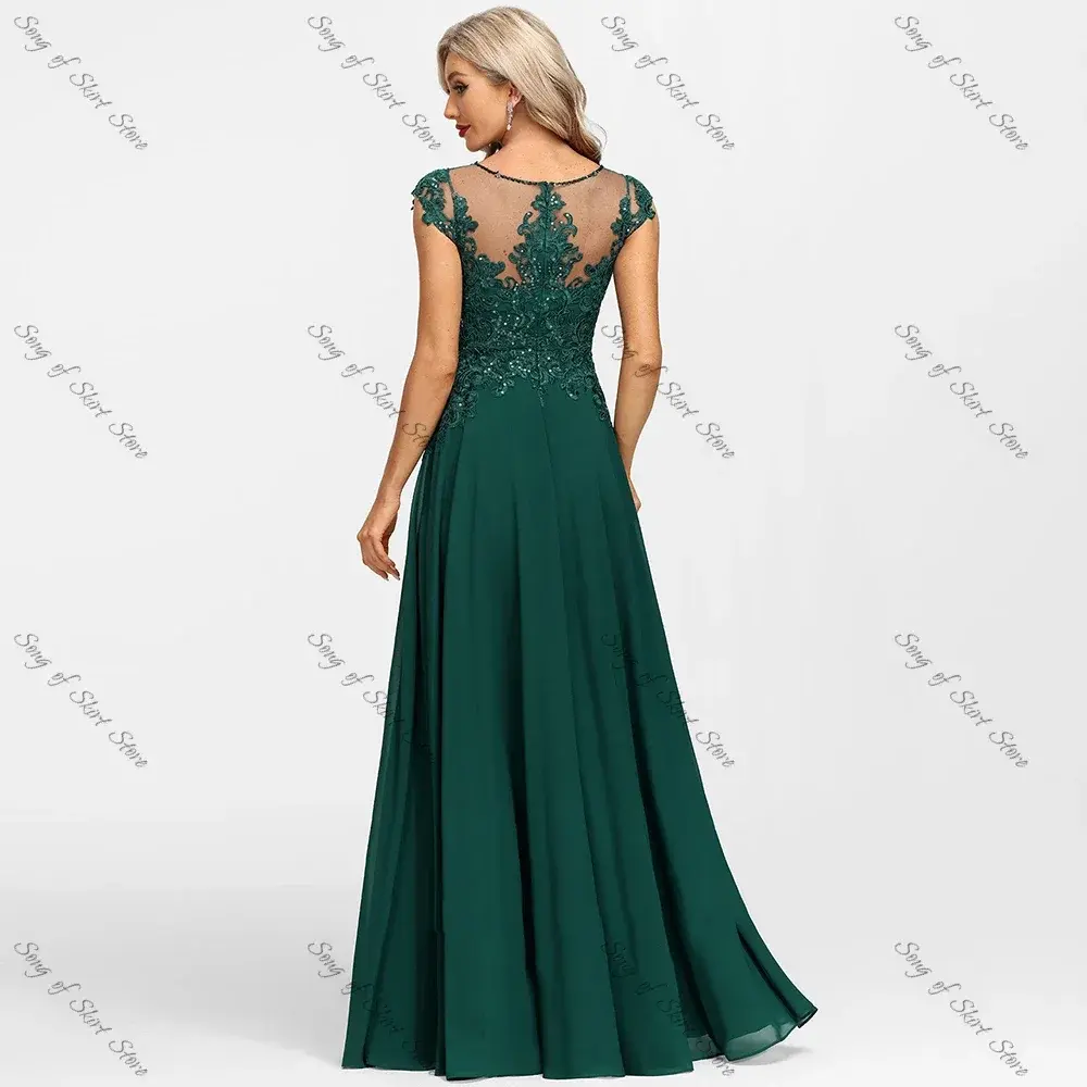 Customized O-Neck A-Line Emerald Mother of the Bride Dresses Side Slit  Lace Appliques Sequined Chiffon Wedding Guest Prom Gowns